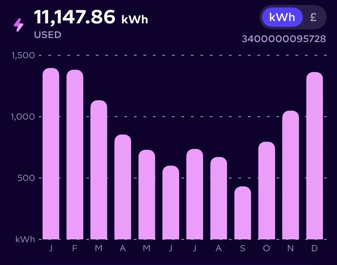 Energy app chart showing 11,147.86kWh used across 2025 by month